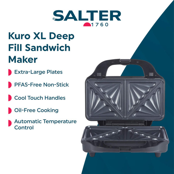 Sandwich maker with open lid, two sandwiches being filled with cheese, ham, salami and tomato slices