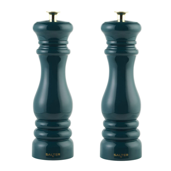 Set of two dark green Salter mills for salt and pepper, with gold tops, on white background