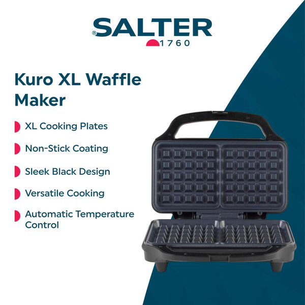 Black waffle maker with two golden waffles on kitchen worktop, hand lifting one waffle.