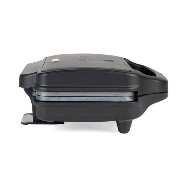 Black sandwich toaster closed, side view showing handle and feet