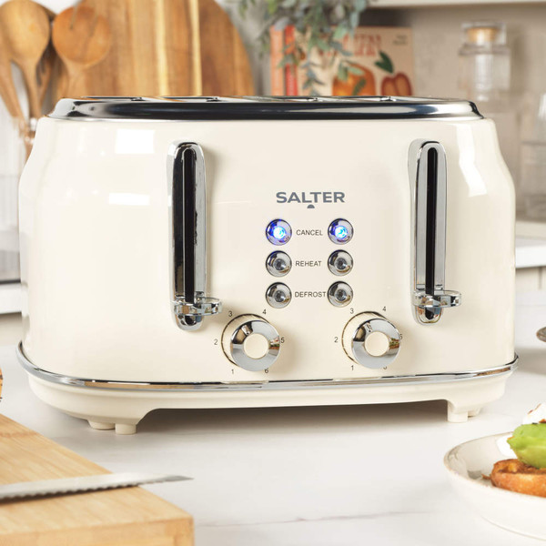 Cream Salter slow cooker with glass lid shown on kitchen counter