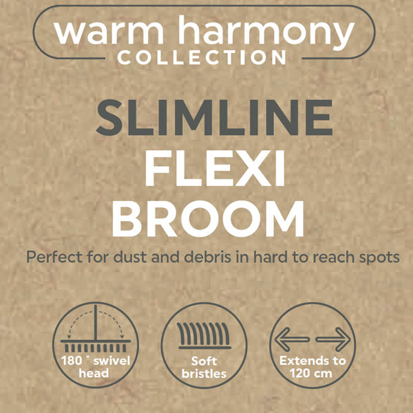 Banner: Slimline flexi broom with 180° swivel head, soft bristles, extends to 120 cm