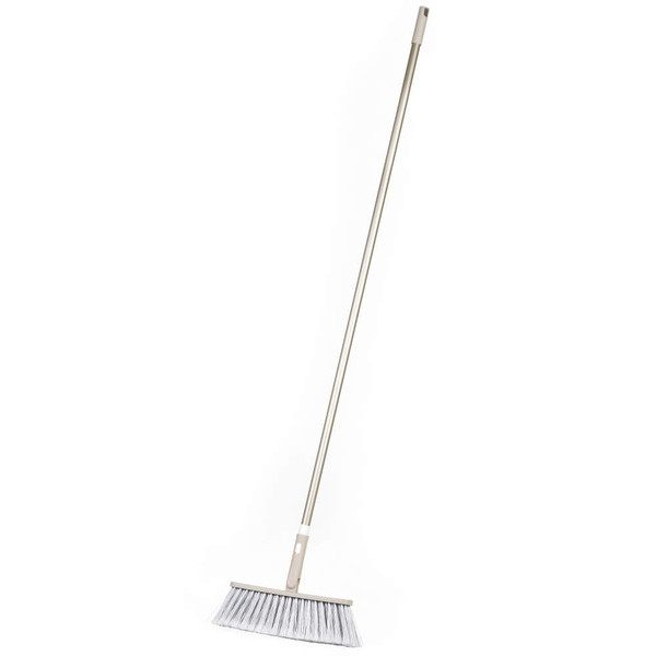 Long handled broom with grey bristles, shown upright on white background