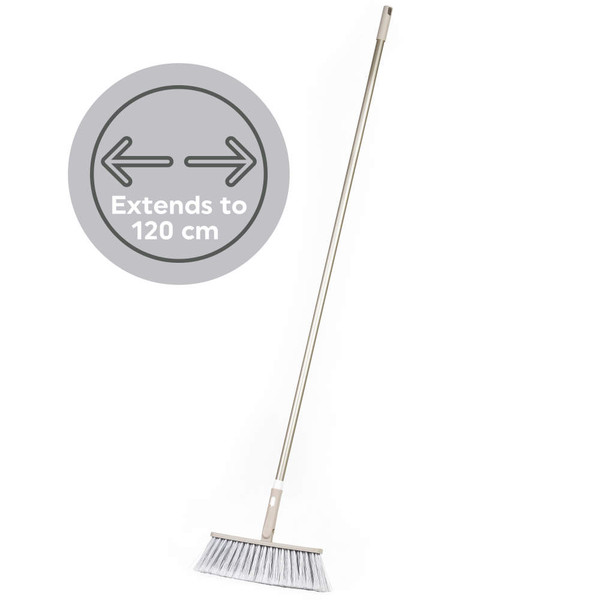 Grey broom with extendable handle, shown extended to 120cm.