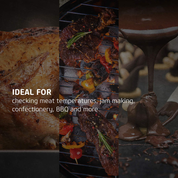 Promotional banner showing roast meat, BBQ grill, and chocolate, with uses for food thermometer.