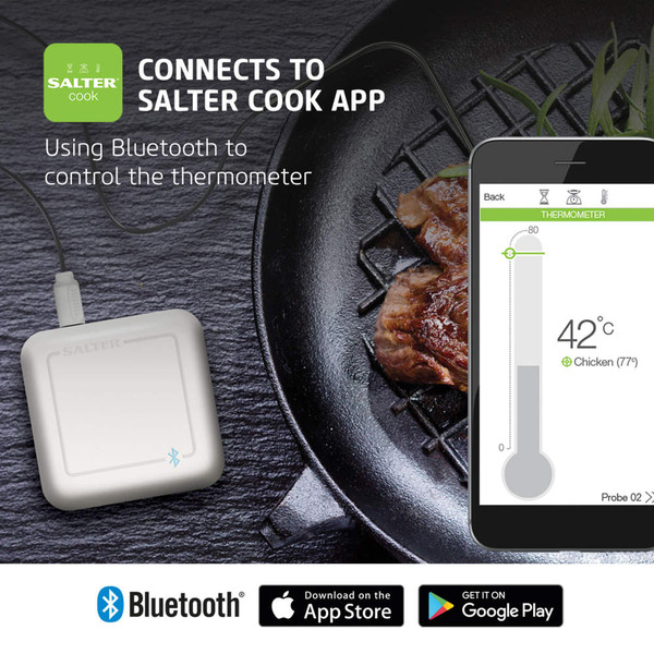 Promotional graphic showing Salter Bluetooth thermometer connecting to Salter Cook app