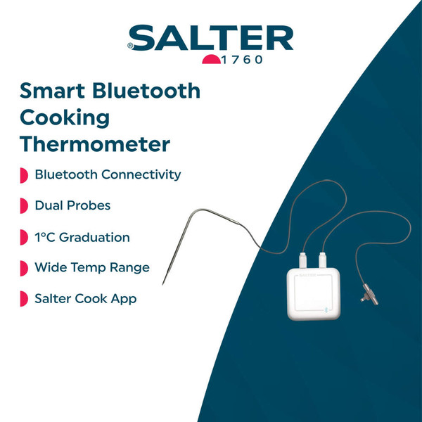 Promotional graphic showing Salter Bluetooth thermometer connecting to Salter Cook app