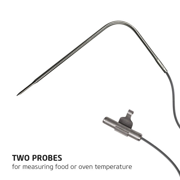Dual metal food probes with clip for measuring oven or food temperature.
