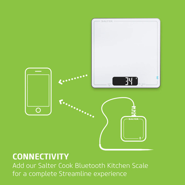Banner: Salter Cook Bluetooth Kitchen Scale, white, showing phone connectivity and streamline experience.