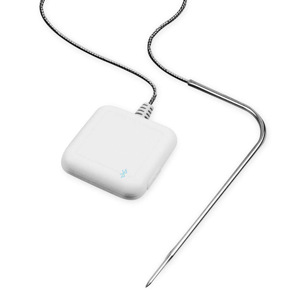 Bluetooth meat thermometer with probe, shown alongside roast dinner and phone app