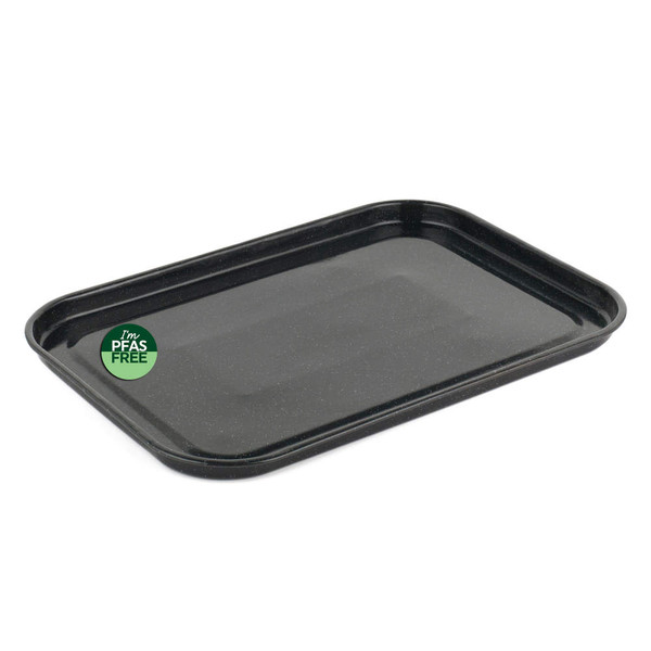 Rectangular black oven tray with a speckled finish, shown at an angle on white background.
