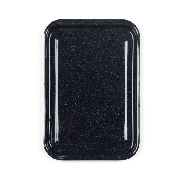 Black rectangular oven tray with raised edge, shown angled on white background