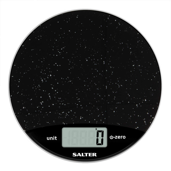 Black digital kitchen scale with white speckled design and Salter logo