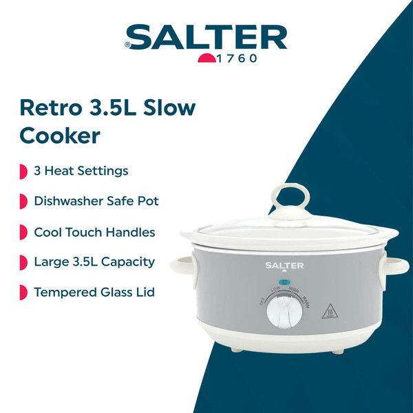 Grey Salter slow cooker with white handles and dial, shown empty from above