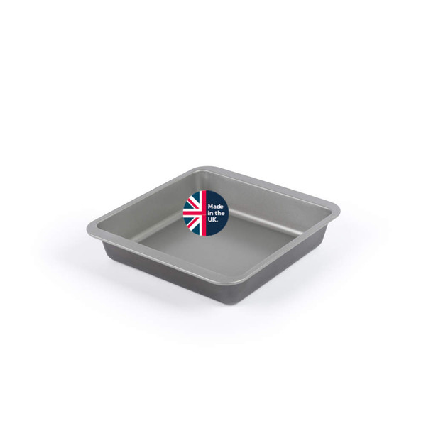 Grey non-stick square baking tin, Made in the UK badge on side