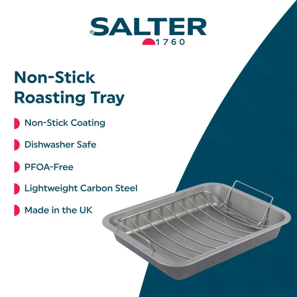Non-stick roasting tin with rack, showing roast chicken and vegetables in a modern kitchen