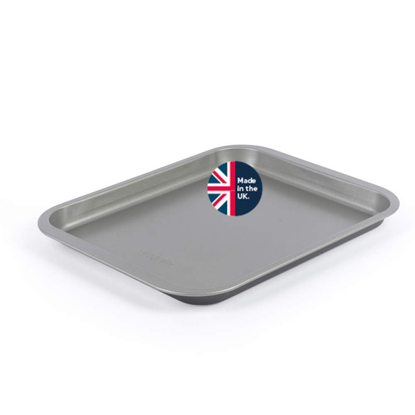 Grey non-stick baking tray, rectangular, with 'Made in the UK' badge.