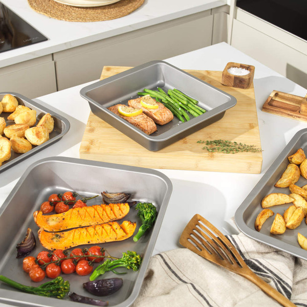 Grey non-stick rectangular baking tray, seen from above, suitable for UK kitchens.