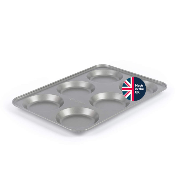 6-cup non-stick Yorkshire pudding tin, silver, angled view, badge says Made in the UK