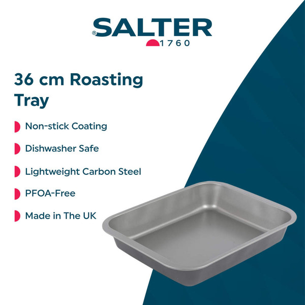 Grey non-stick baking trays shown with roasted chicken, potatoes, and cookies