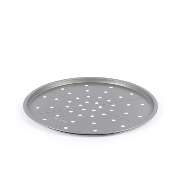 Grey non-stick perforated pizza tray shown at an angle