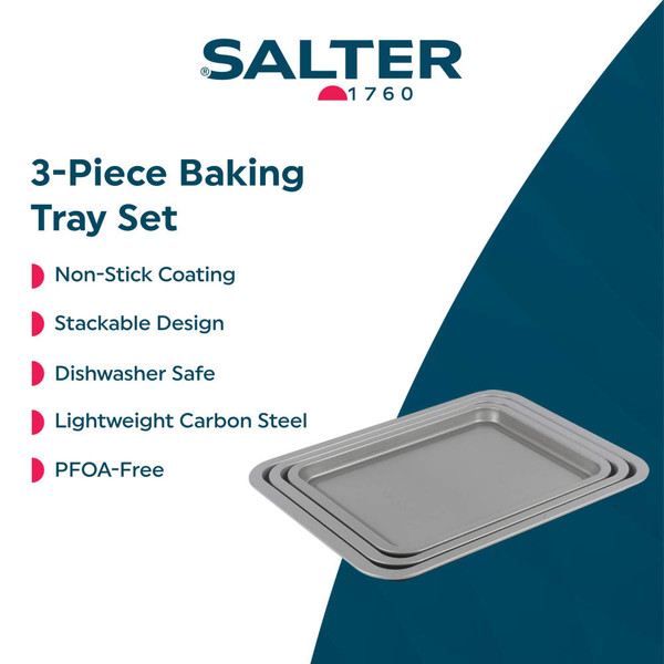 Grey non-stick oven tray set shown with roast, biscuits, veg and Yorkshire puddings