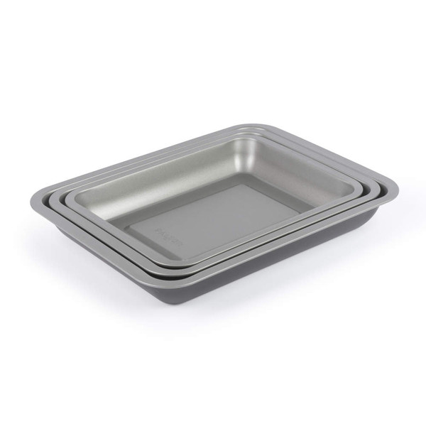 Set of three grey non-stick rectangular roasting tins, stacked