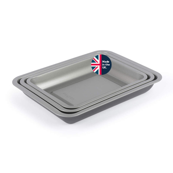 Set of three grey non-stick roasting trays, nested, with 'Made in the UK' badge