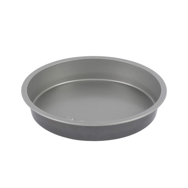 Non-stick round cake tin in grey, shown empty on a white background.