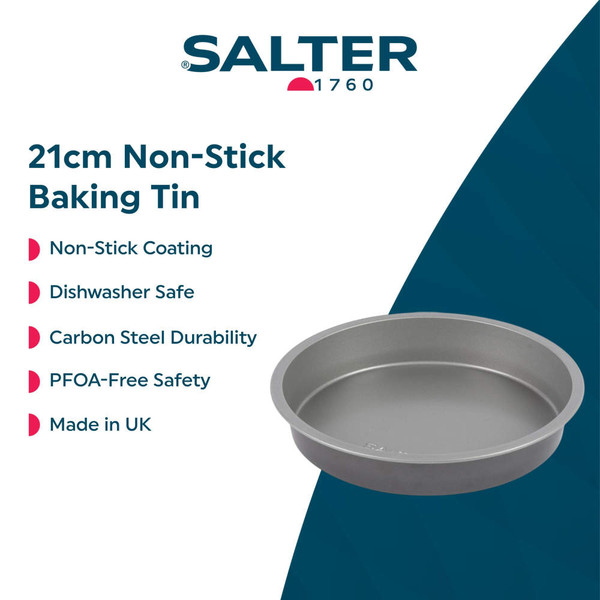 Round 21cm grey non-stick baking tin, carbon steel, dishwasher safe, made in UK