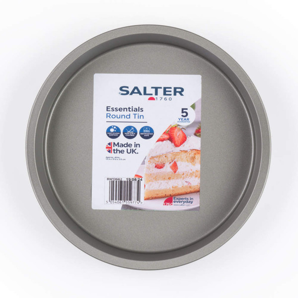 Grey round cake tin with Salter Essentials label, shown from above.