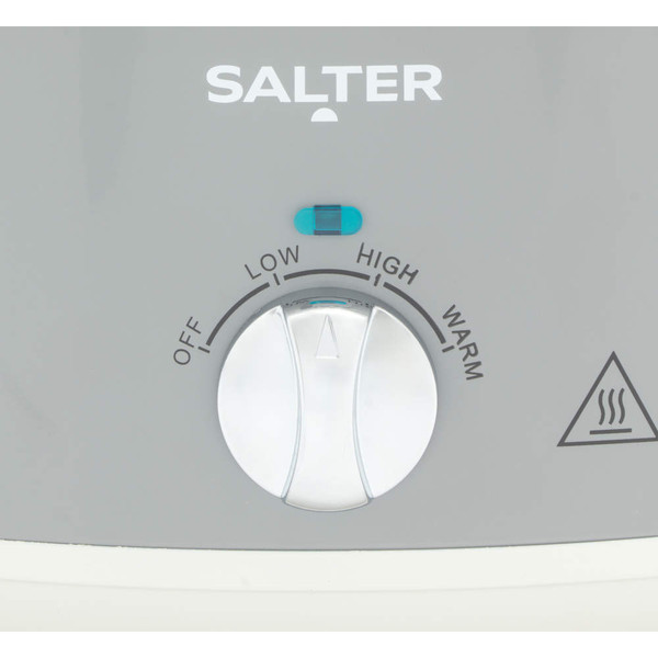 Grey Salter slow cooker control panel with timer dial showing heat settings