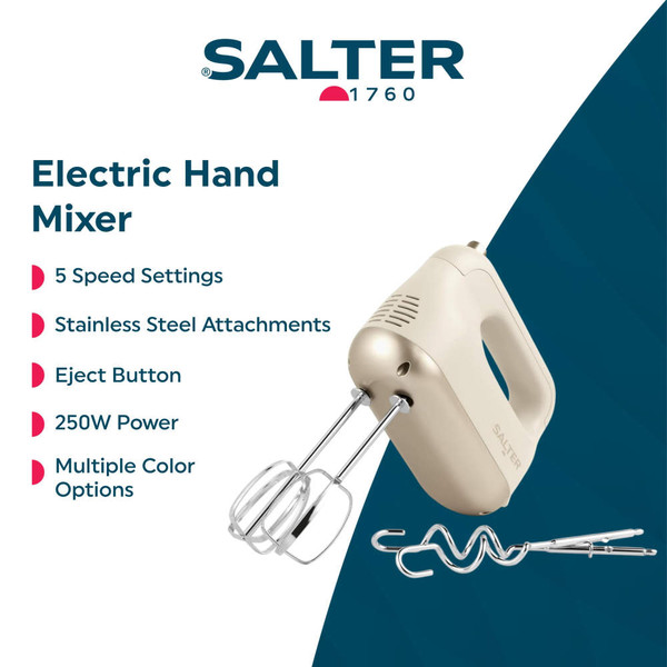 Cream Salter stand mixer and hand mixer on kitchen worktop with baking trays