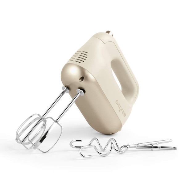 Cream electric hand mixer with twin beaters and dough hooks, angled view