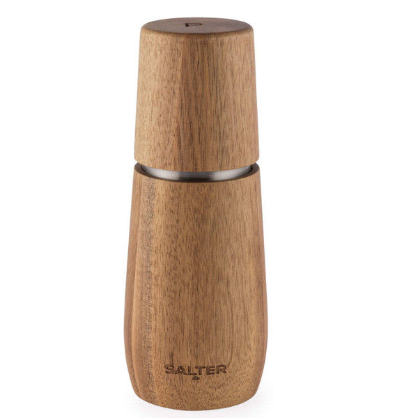 Wooden pepper mill with natural finish, engraved Salter logo, product shown upright.