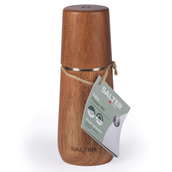 Wooden pepper mill with tag, showing Salter logo and details, upright on white background