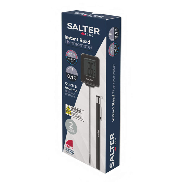 Salter instant read thermometer in retail box, showing product and key features.