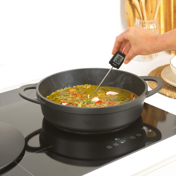 Black digital cooking thermometer with Salter branding, shown flat on white background