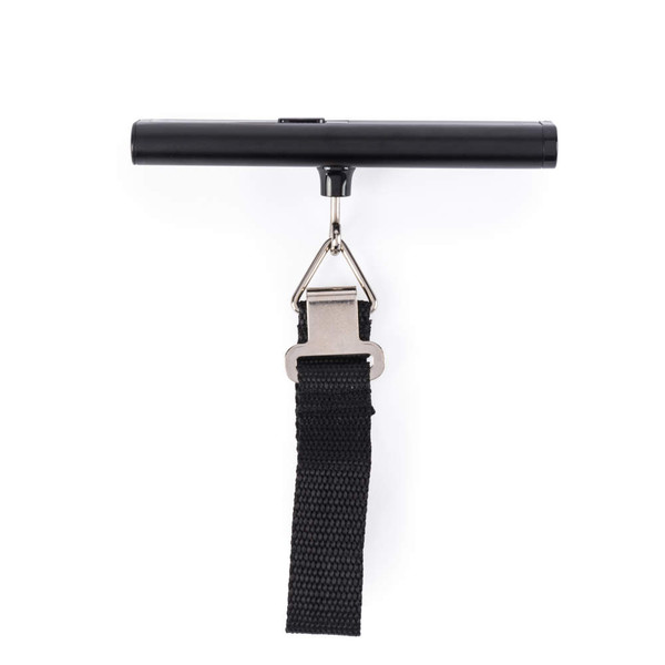 Black car seat belt extender with metal fitting, shown upright on white background