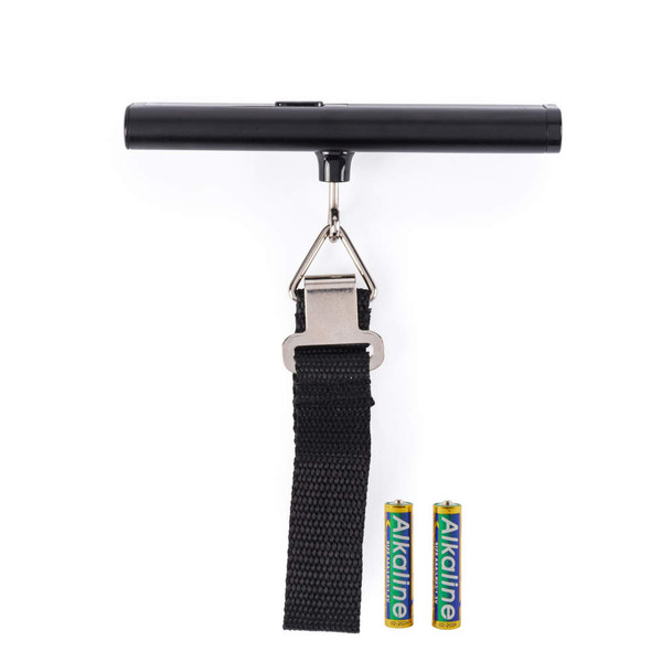 Black electronic luggage strap scale with 2 alkaline AAA batteries, front view