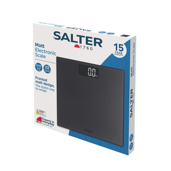 Black matt electronic bathroom scale in retail packaging, Salter brand.