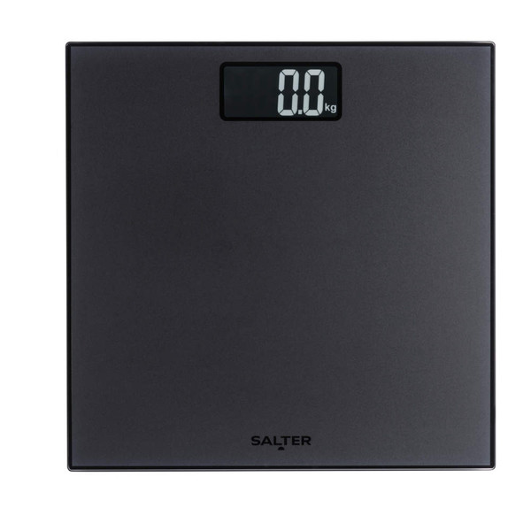 Black digital bathroom scale with large display, showing 0.0 kg, front view.