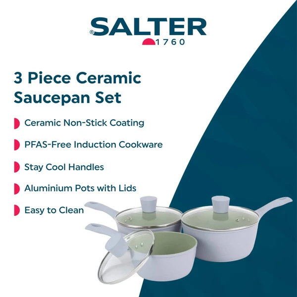 Set of three grey non-stick saucepans with glass lids, shown in a modern kitchen