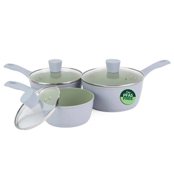 Three piece pale blue saucepan set with green non-stick interiors and PFAS free label