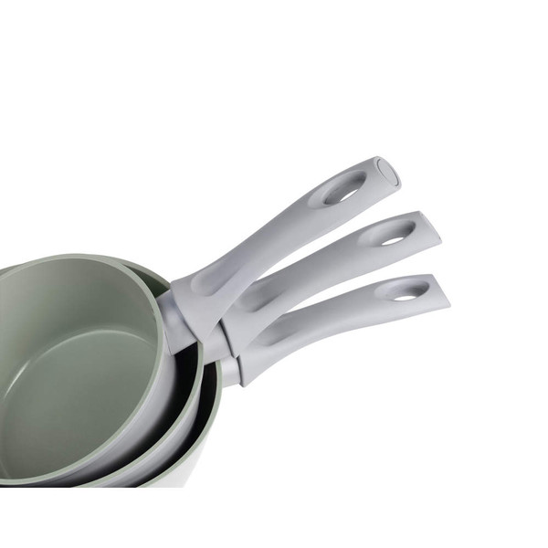 Set of three green saucepans with grey handles, stacked together