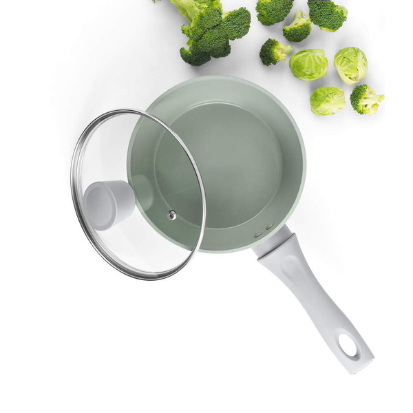 White non-stick saucepan with glass lid and light grey handle, pictured from above