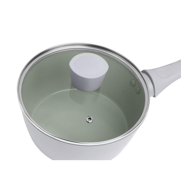 Green non-stick saucepan with glass lid, white handle, shown with broccoli and Brussels sprouts