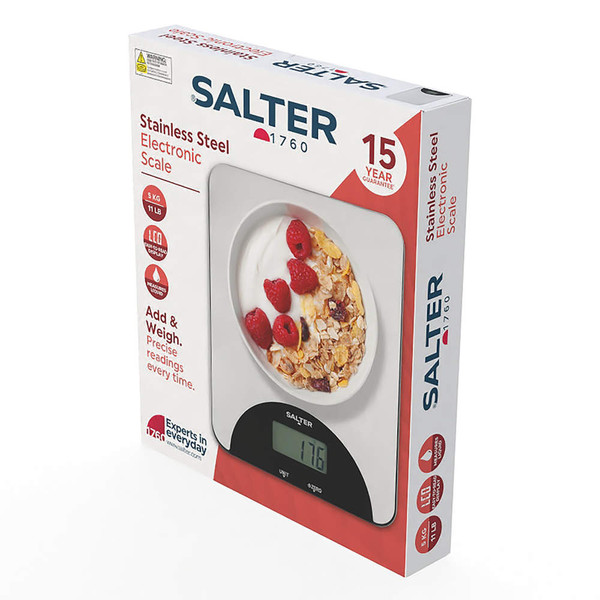 Boxed Salter stainless steel electronic kitchen scale with display, side angle