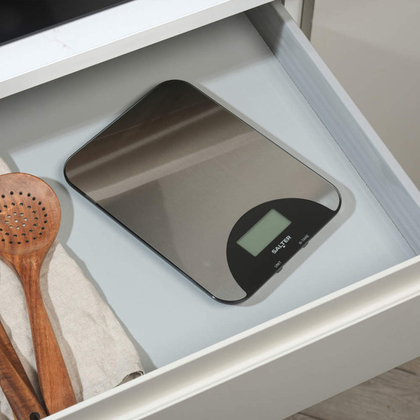 Salter digital kitchen scale with stainless steel platform shown in open drawer