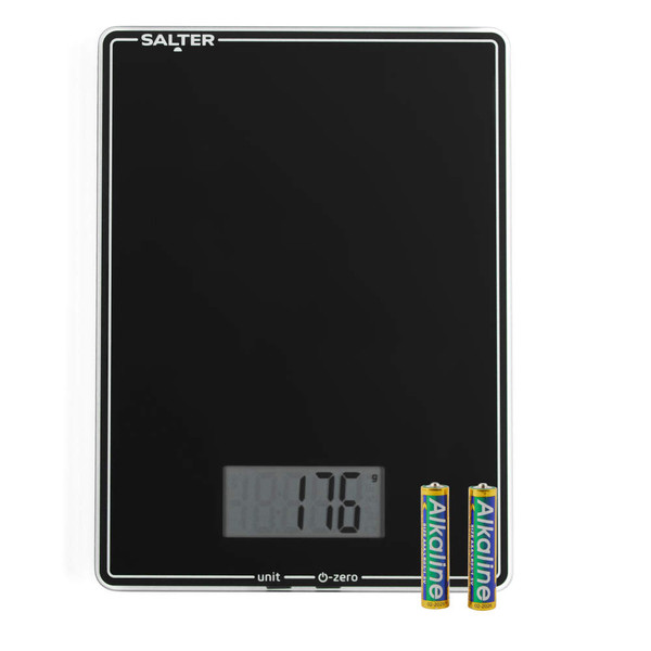 Black digital kitchen scale with LCD display and two AA alkaline batteries